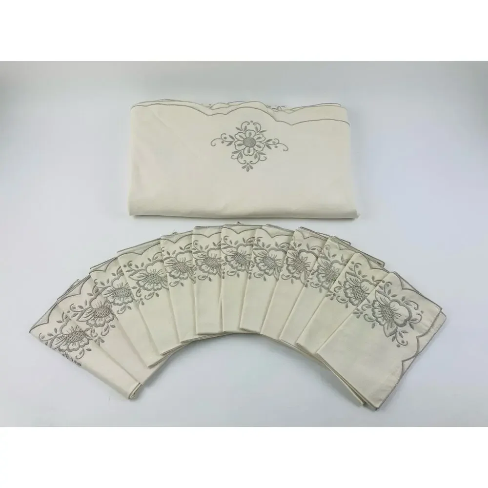 Vintage Large Tablecloth and 12 Napkins Embroidered Cream Grey Floral Bell Gray